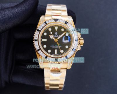 Swiss Replica Rolex GMT-Master II SARU Yellow Gold Watch Black Dial